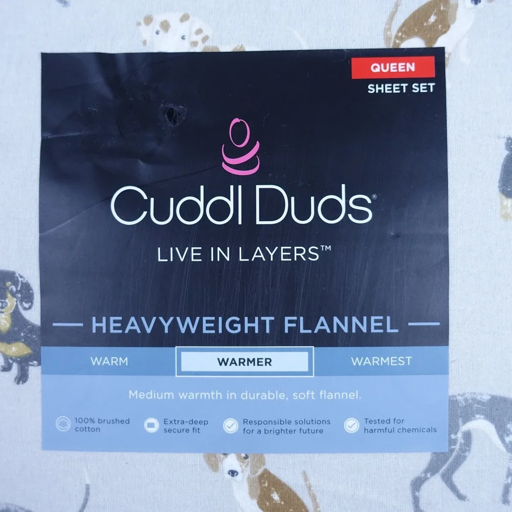Cuddl Duds Queen Sheet Set Heavyweight Flannel Dog Toss Gray Brushed Cotton New